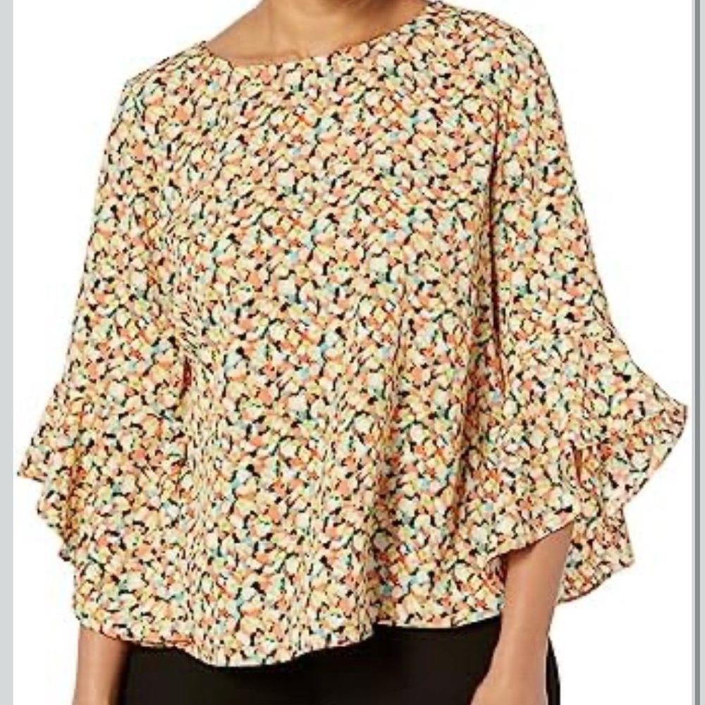 Kasper Multicolor Abstract Floral Bell Sleeve Blouse NWOT • Statement • Size S - Picture 8 of 9